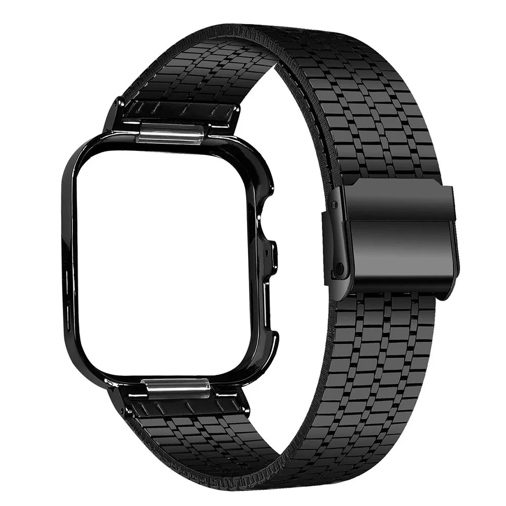 For Huawei Watch Fit 4 Pro Integrated Watch Band with Metal Watch Frame 7-Bead Double Clasp Stainless Steel Strap - Black - 1
