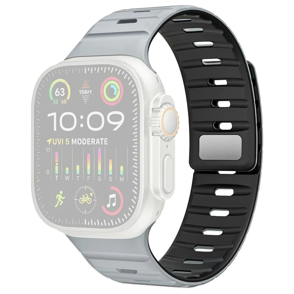 Magnetic Watch Band for Apple Watch Ultra 3 2 1 49mm  /  Series 11 10 46mm  /  9 8 7 45mm  /  SE3 SE2 SE 6 5 4 44mm  /  3 2 1 42mm Dual Color Silicone Strap - Light Grey / Black - 1