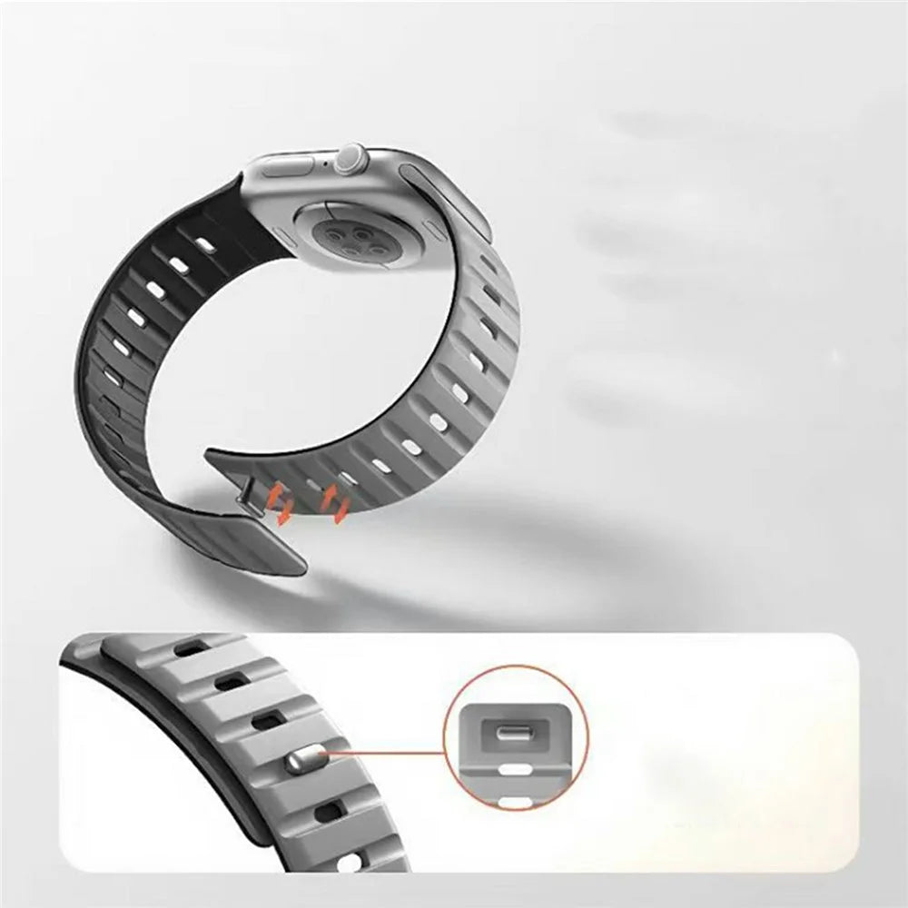 Magnetic Watch Band for Apple Watch Ultra 3 2 1 49mm  /  Series 11 10 46mm  /  9 8 7 45mm  /  SE3 SE2 SE 6 5 4 44mm  /  3 2 1 42mm Dual Color Silicone Strap - Light Grey / Black - 4