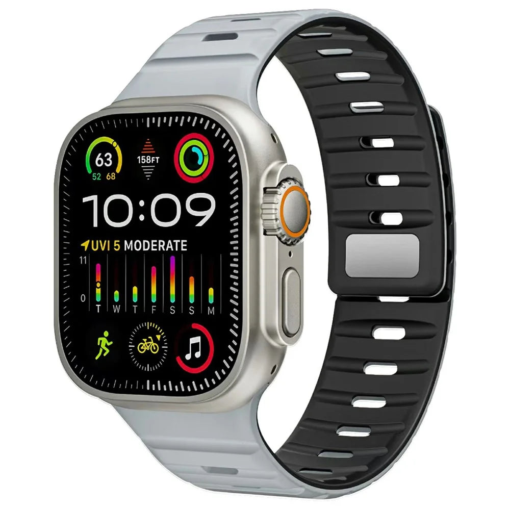 Magnetic Watch Band for Apple Watch Series 11 10 42mm  /  9 8 7 41mm  /  SE3 SE2 SE 6 5 4 40mm  /  3 2 1 38mm Dual Color Silicone Strap - Light Grey / Black - 2