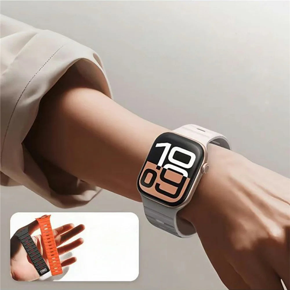 Magnetic Watch Band for Apple Watch Series 11 10 42mm  /  9 8 7 41mm  /  SE3 SE2 SE 6 5 4 40mm  /  3 2 1 38mm Dual Color Silicone Strap - Light Grey / Black - 3
