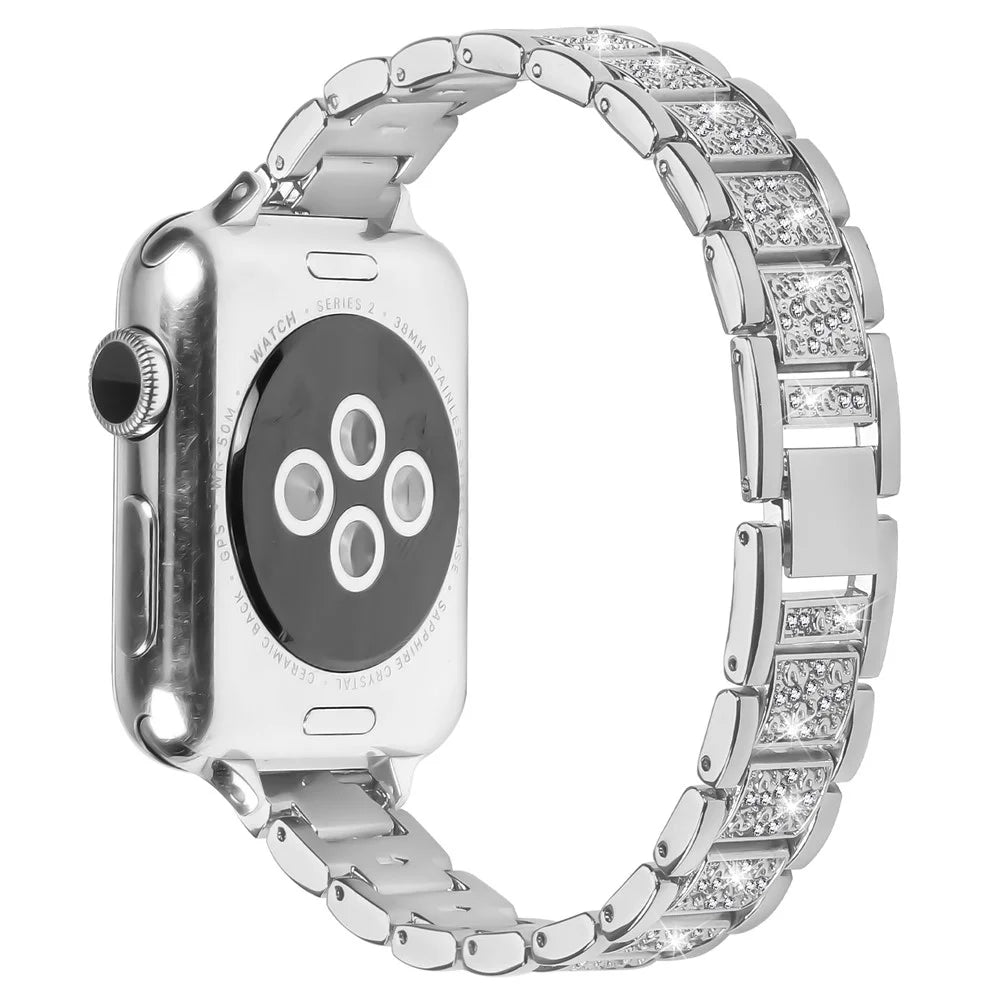 Zinc Alloy Slim Band for Apple Watch Ultra 3 2 1 49mm  /  Series 11 10 46mm  /  9 8 7 45mm  /  SE3 SE2 SE 6 5 4 44mm  /  3 2 1 42mm Smart Watch Silver Strap with Rhinestones Decor - 1