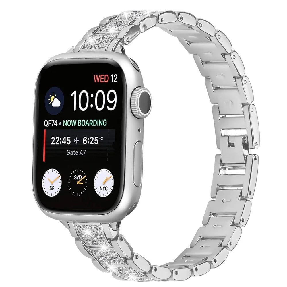 Zinc Alloy Slim Band for Apple Watch Ultra 3 2 1 49mm  /  Series 11 10 46mm  /  9 8 7 45mm  /  SE3 SE2 SE 6 5 4 44mm  /  3 2 1 42mm Smart Watch Silver Strap with Rhinestones Decor - 2