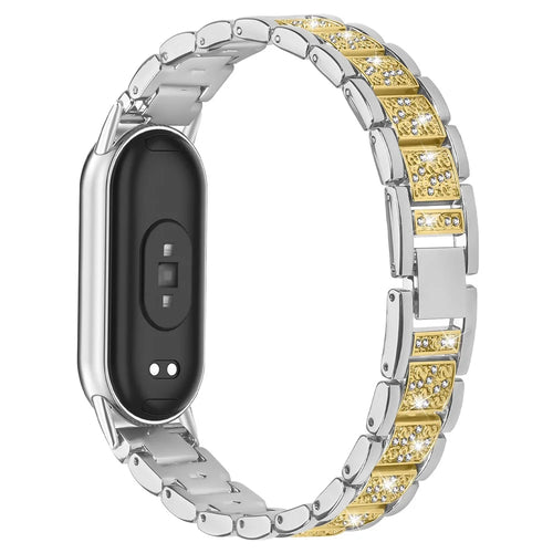 Contrasting Color Slim Band for Xiaomi Smart Band 10 / 9 / 8 Metal Watch Strap with Rhinestones Decor - Silver / Gold - 1