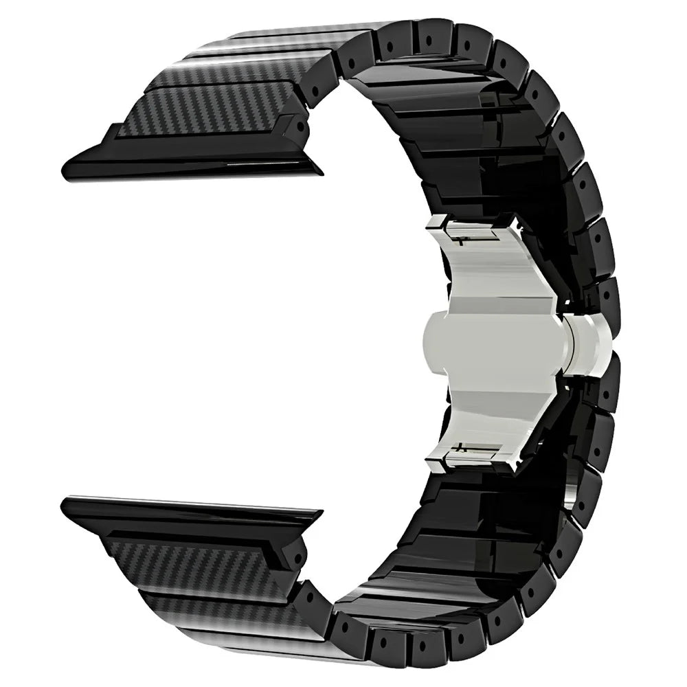 Bamboo Link Design PC Strap for Apple Watch Series 11 10 42mm  /  9 8 7 41mm  /  SE3 SE2 SE 6 5 4 40mm  /  3 2 1 38mm Slim Watch Band with Stainless Steel Buckle - Black - 1
