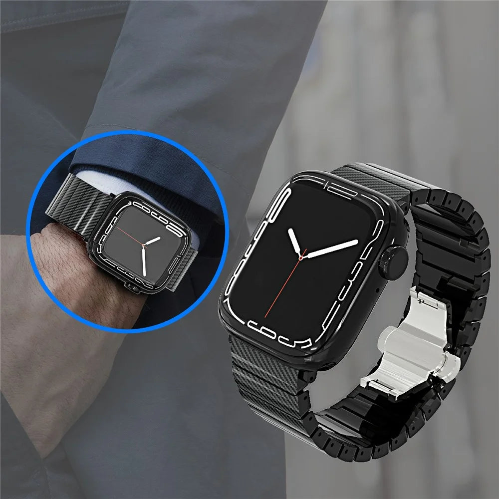 Bamboo Link Design PC Strap for Apple Watch Ultra 3 2 1 49mm  /  Series 11 10 46mm  /  9 8 7 45mm  /  SE3 SE2 SE 6 5 4 44mm  /  3 2 1 42mm Slim Watch Band with Stainless Steel Buckle - Black - 5