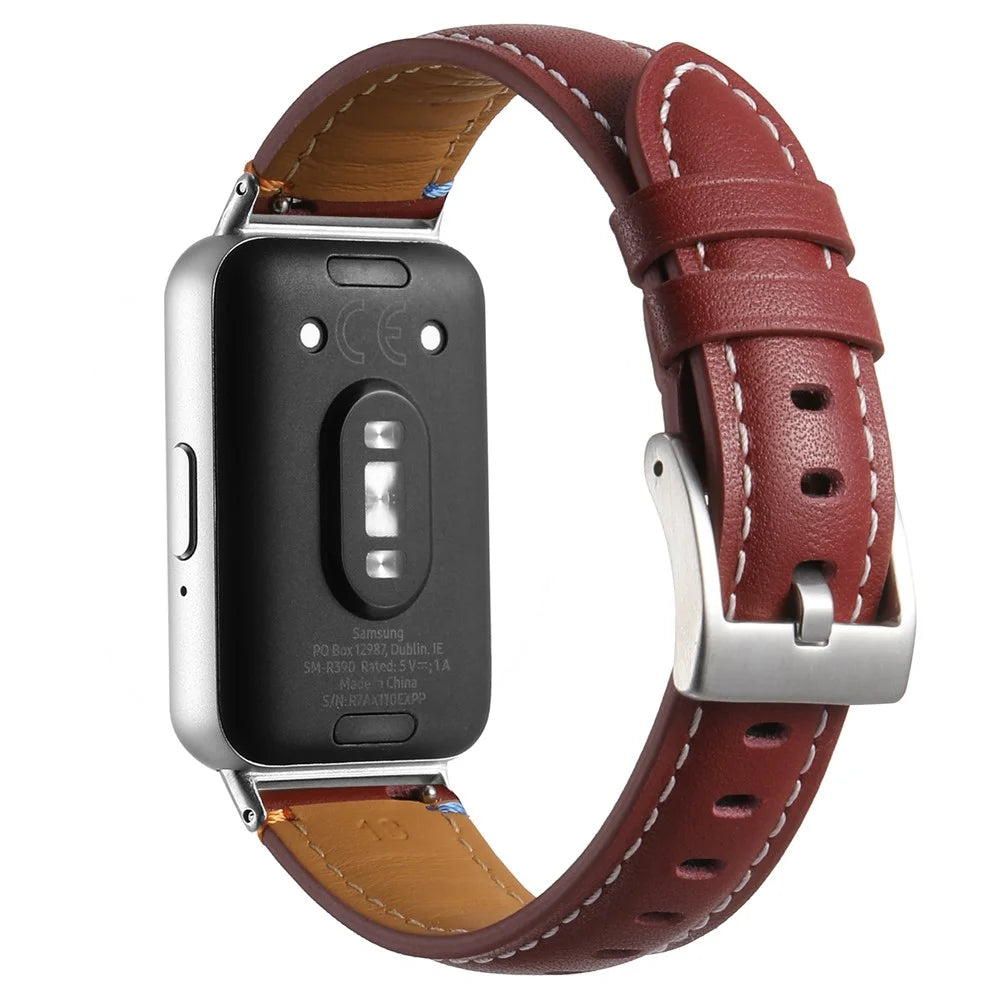 For Samsung Galaxy Fit3 Genuine Leather Watch Band Color Thread Adjustable Wristband - Wine Red - 1