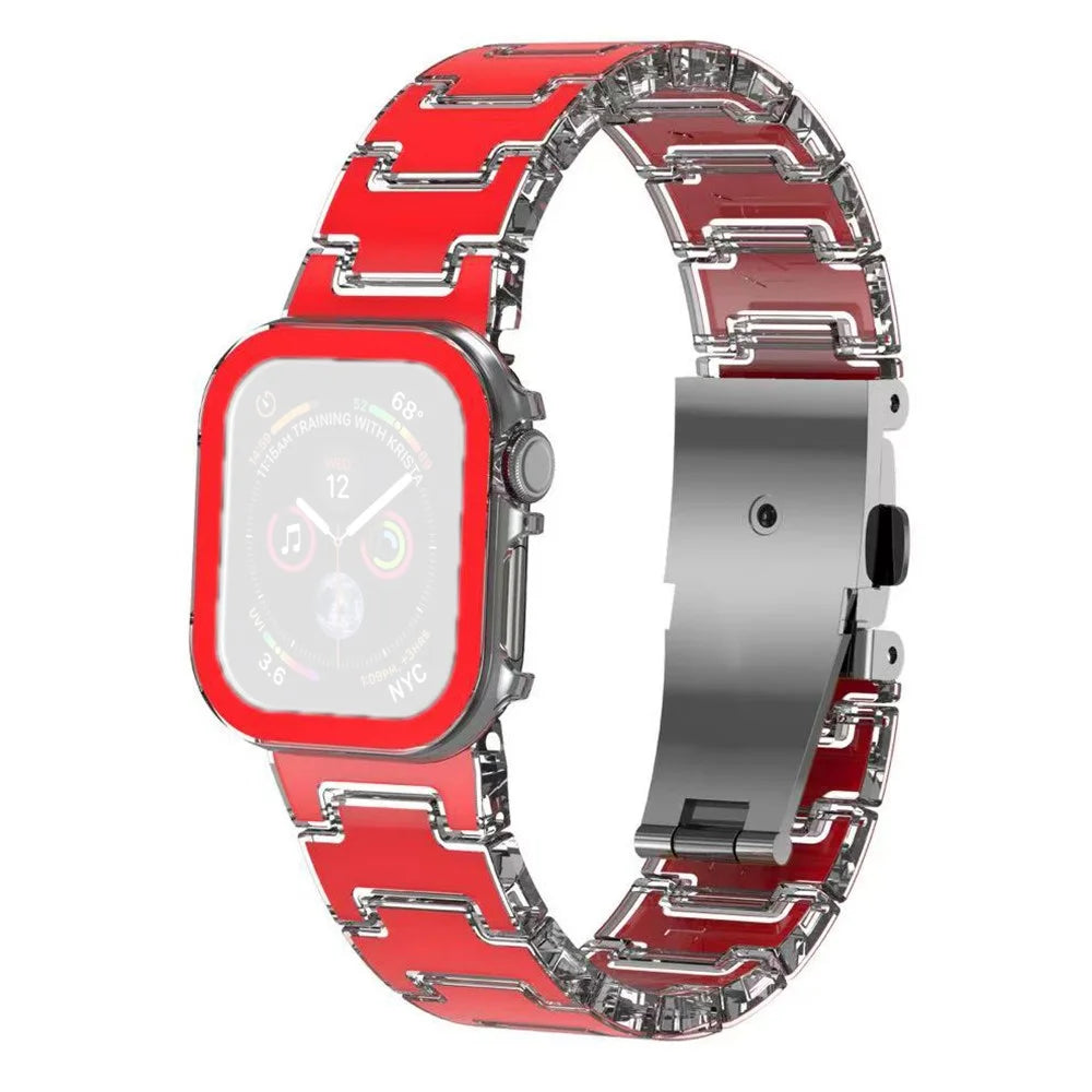 Lucky Color Design PC Band with PC Case for Apple Watch SE3 SE2 SE 6 5 4 44mm Metal Buckle Replacement Watch Strap - Red - 2