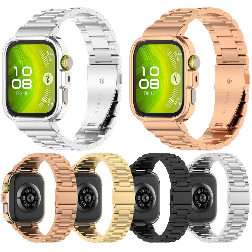 For Huawei Watch Fit 4 Pro Integrated Strap with Metal Frame 3-Link Stainless Steel Watch Band - Black - 5