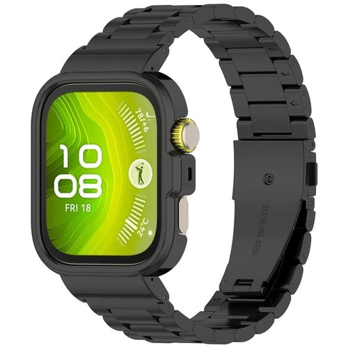 For Huawei Watch Fit 4 Integrated Strap with Metal Frame 3-Link Stainless Steel Watch Band - Black - 1