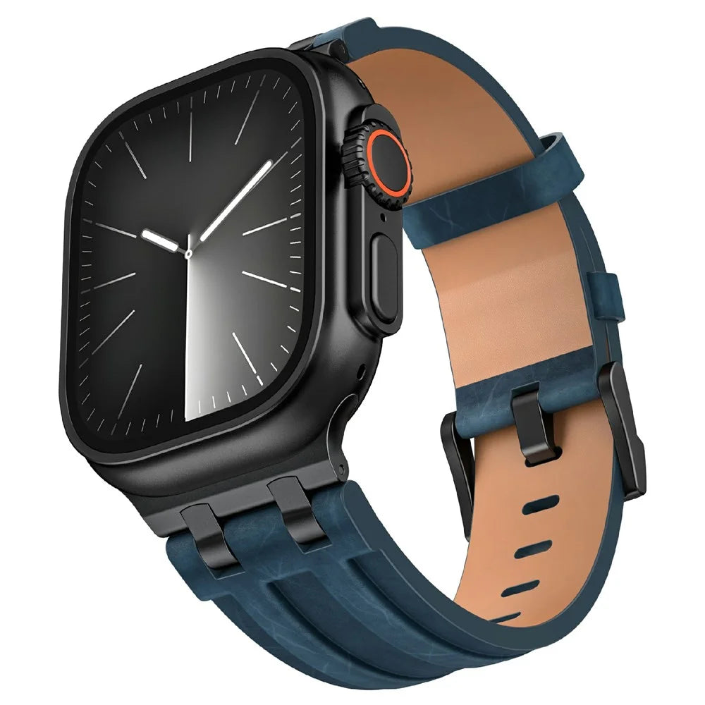 Crazy Horse Texture Leather Band for Apple Watch Ultra 3 2 1 49mm  /  Series 11 10 46mm  /  9 8 7 45mm  /  SE3 SE2 SE 6 5 4 44mm  /  3 2 1 42mm Wath Strap - Dark Blue - 2