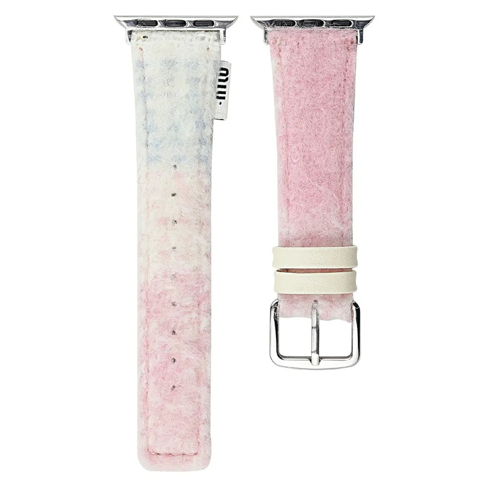 Fabric + Leather Watch Band for Apple Watch Series 11 10 42mm  /  9 8 7 41mm  /  SE3 SE2 SE 6 5 4 40mm  /  3 2 1 38mm Gradient Color Design Wrist Strap - Pink - 1