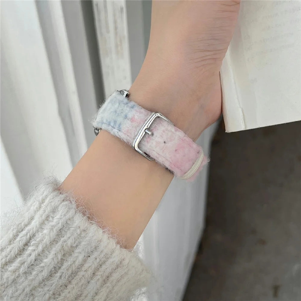 Fabric + Leather Watch Band for Apple Watch Series 11 10 42mm  /  9 8 7 41mm  /  SE3 SE2 SE 6 5 4 40mm  /  3 2 1 38mm Gradient Color Design Wrist Strap - Pink - 3