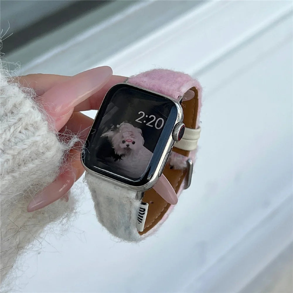 Fabric + Leather Watch Band for Apple Watch Series 11 10 42mm  /  9 8 7 41mm  /  SE3 SE2 SE 6 5 4 40mm  /  3 2 1 38mm Gradient Color Design Wrist Strap - Pink - 4