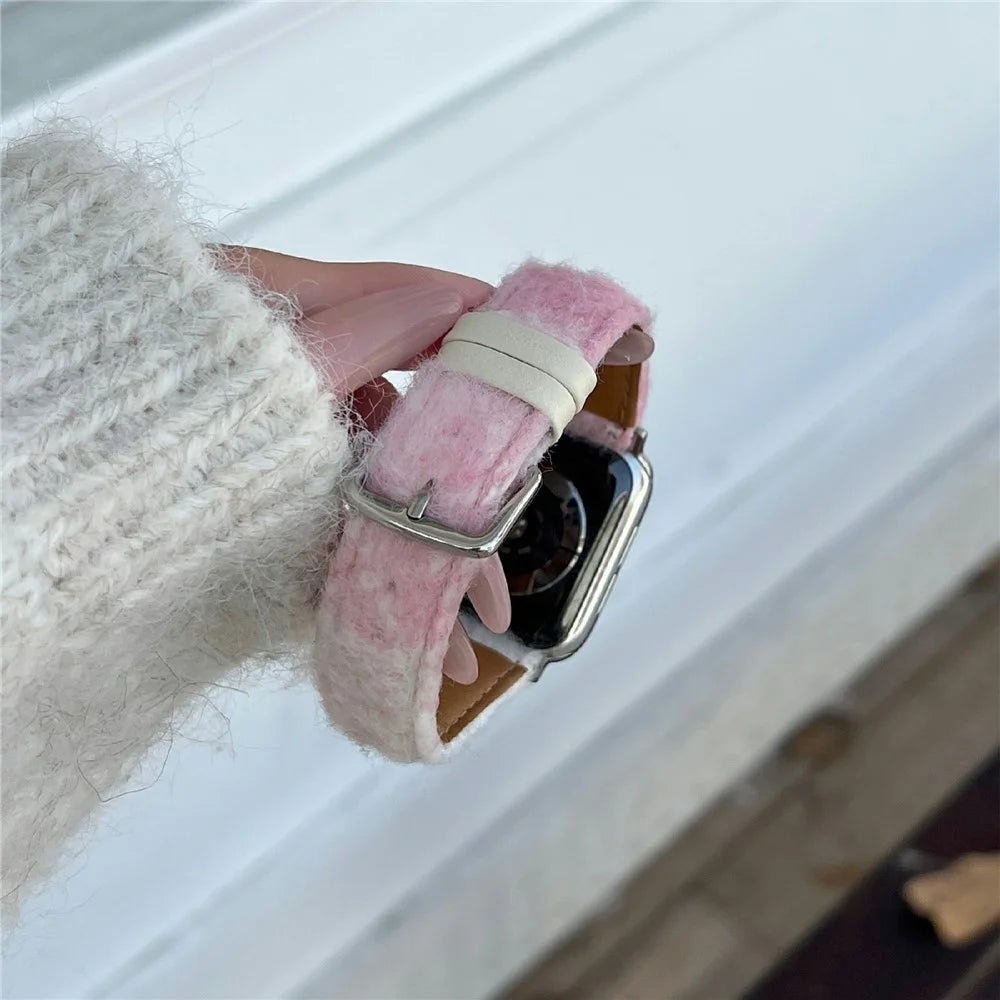 Fabric + Leather Watch Band for Apple Watch Series 11 10 42mm  /  9 8 7 41mm  /  SE3 SE2 SE 6 5 4 40mm  /  3 2 1 38mm Gradient Color Design Wrist Strap - Pink - 5