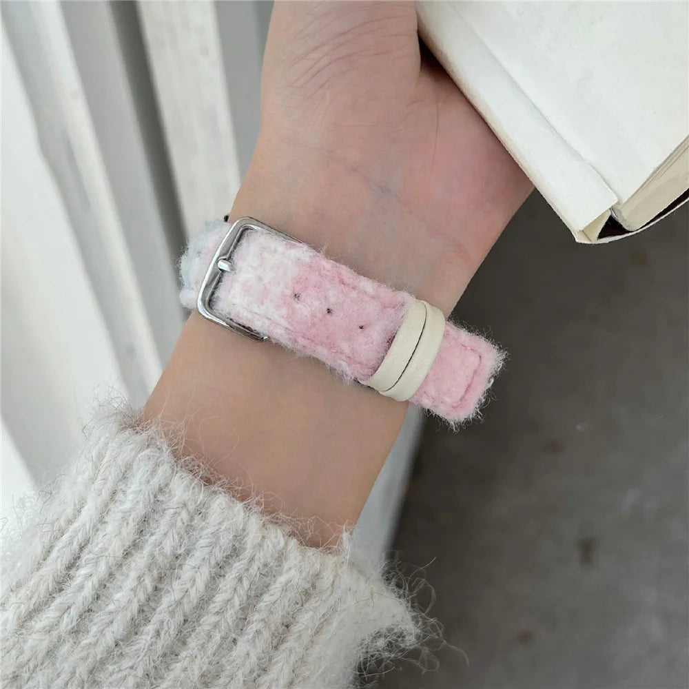 Fabric + Leather Watch Band for Apple Watch Series 11 10 42mm  /  9 8 7 41mm  /  SE3 SE2 SE 6 5 4 40mm  /  3 2 1 38mm Gradient Color Design Wrist Strap - Pink - 7