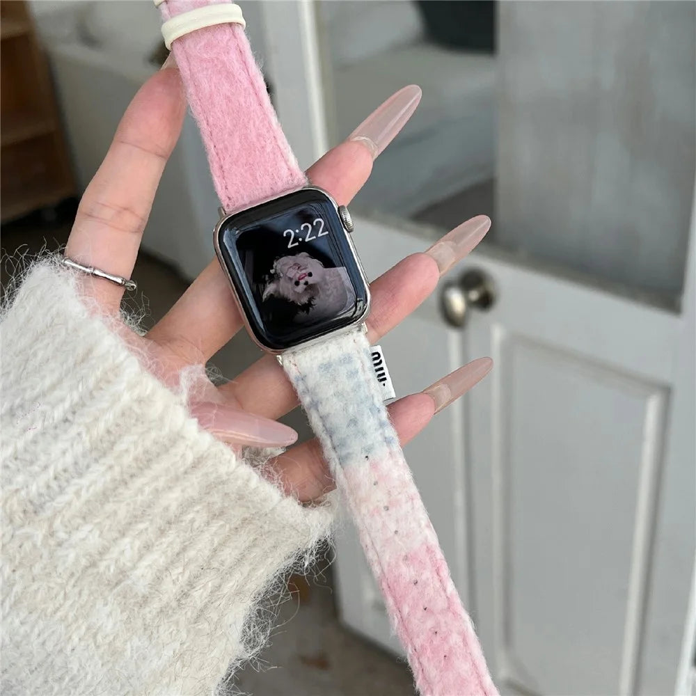 Fabric + Leather Watch Band for Apple Watch Ultra 3 2 1 49mm  /  Series 11 10 46mm  /  9 8 7 45mm  /  SE3 SE2 SE 6 5 4 44mm  /  3 2 1 42mm Gradient Color Design Wrist Strap - Pink - 7