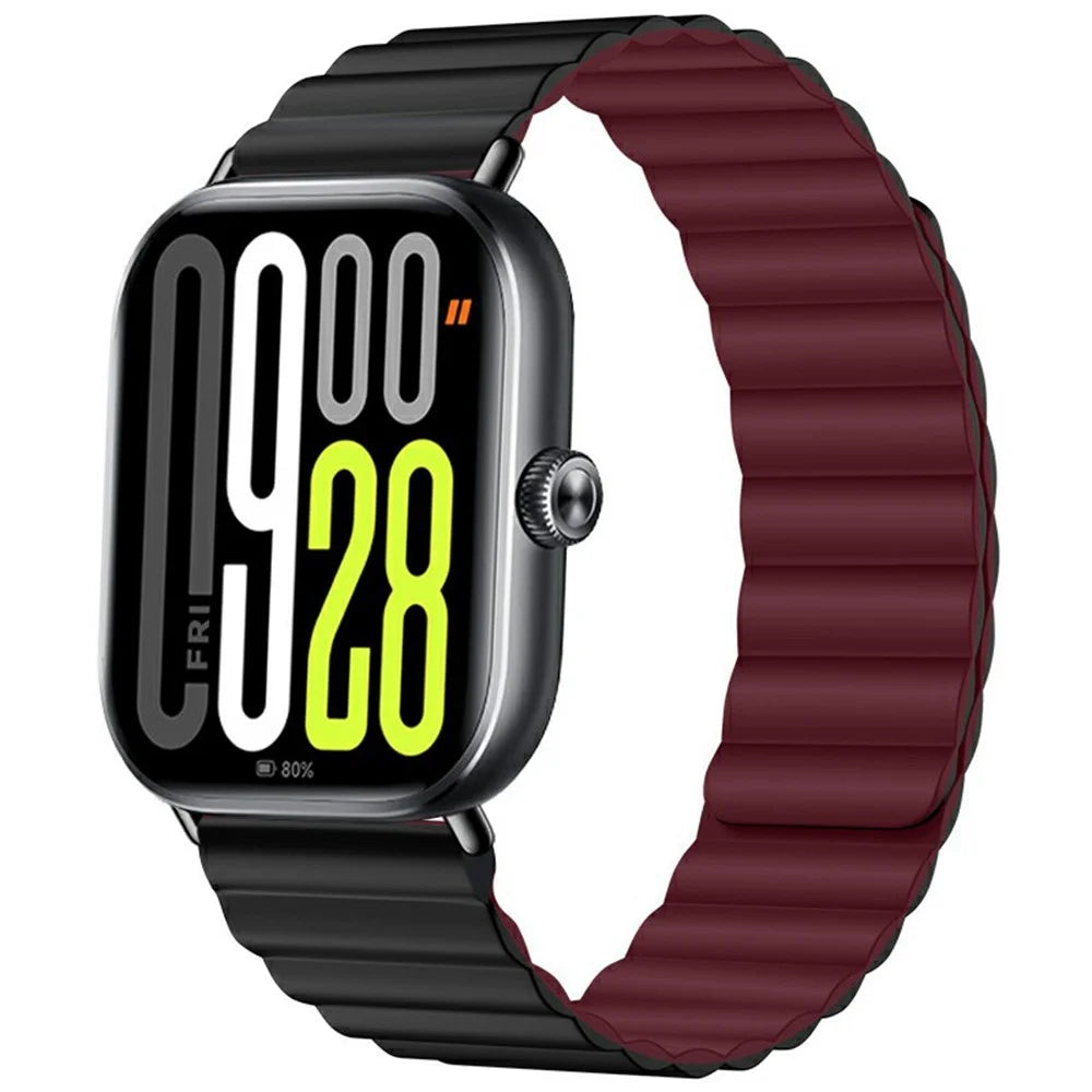 For Xiaomi Smart Band 10 Pro / 9 Pro / 8 Pro / Redmi Watch 6 / 5 / 4 2-Sections Magnetic Silicone Strap Smart Watch Band - Black / Wine Red - 2