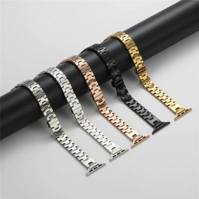 H-Style Slim Watch Strap for Apple Watch Ultra 3 2 1 49mm  /  Series 11 10 46mm  /  9 8 7 45mm  /  SE3 SE2 SE 6 5 4 44mm  /  3 2 1 42mm Butterfly Clasp Stainless Steel Band - Black - 4