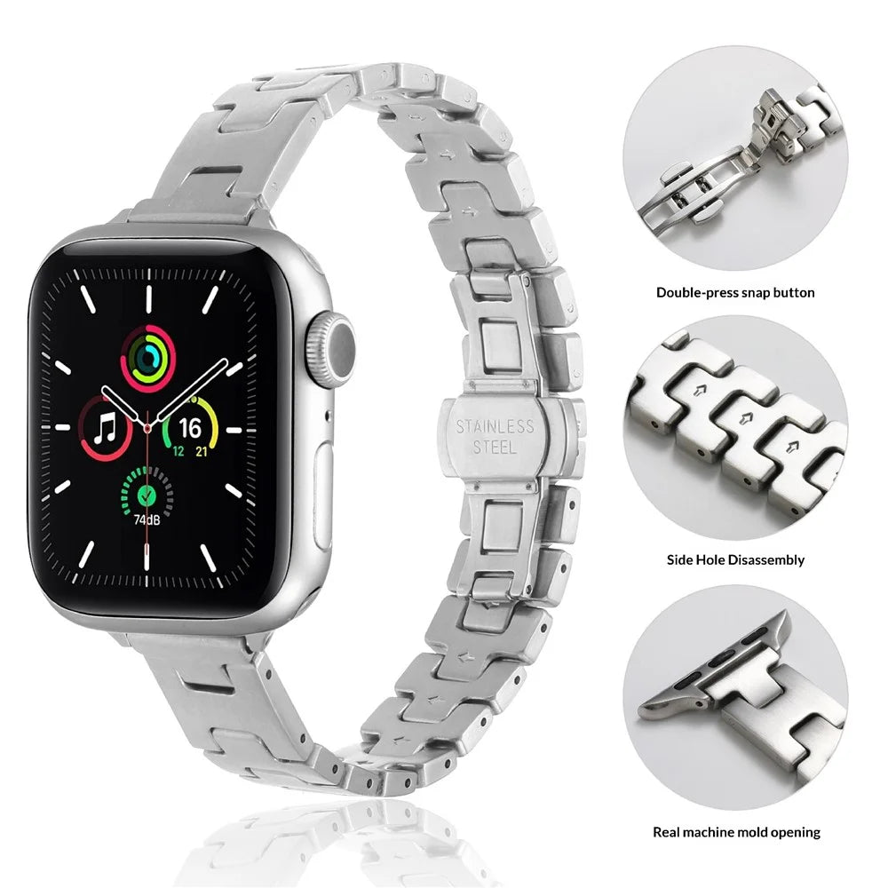 H-Style Slim Watch Strap for Apple Watch Series 11 10 42mm  /  9 8 7 41mm  /  SE3 SE2 SE 6 5 4 40mm  /  3 2 1 38mm Butterfly Clasp Stainless Steel Band - Black - 3