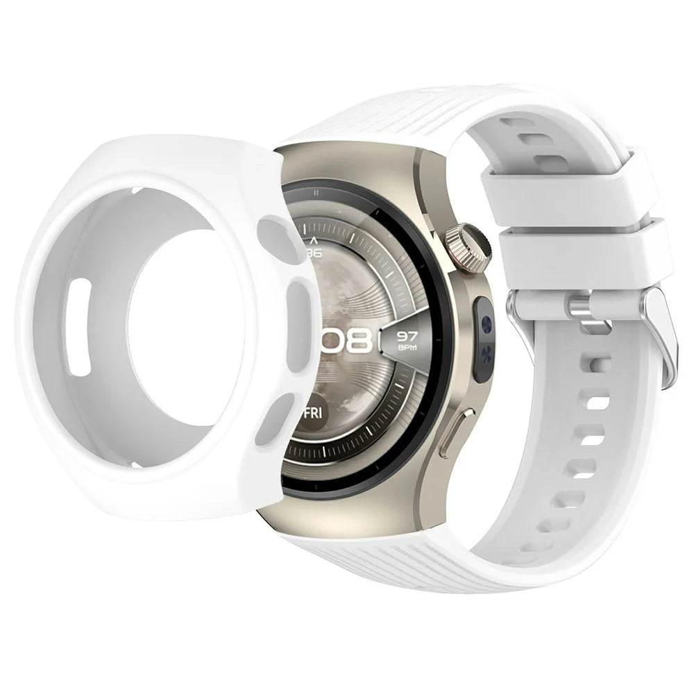 Silicone Strap with Watch Case for Huawei Watch 5 46mm Vertical Striped Design Watch Band Quick Release - White - 1