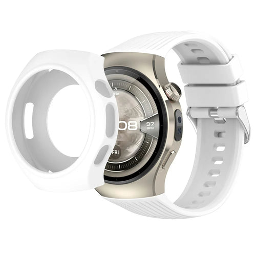Silicone Strap with Watch Case for Huawei Watch 5 46mm Vertical Striped Design Watch Band Quick Release - White - 1