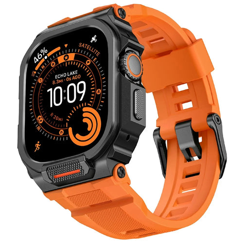 Silicone Band with Half Guard Case for Apple Watch Series 11 46mm Textured Replacement Watch Strap - Black Buckle / Orange - 1