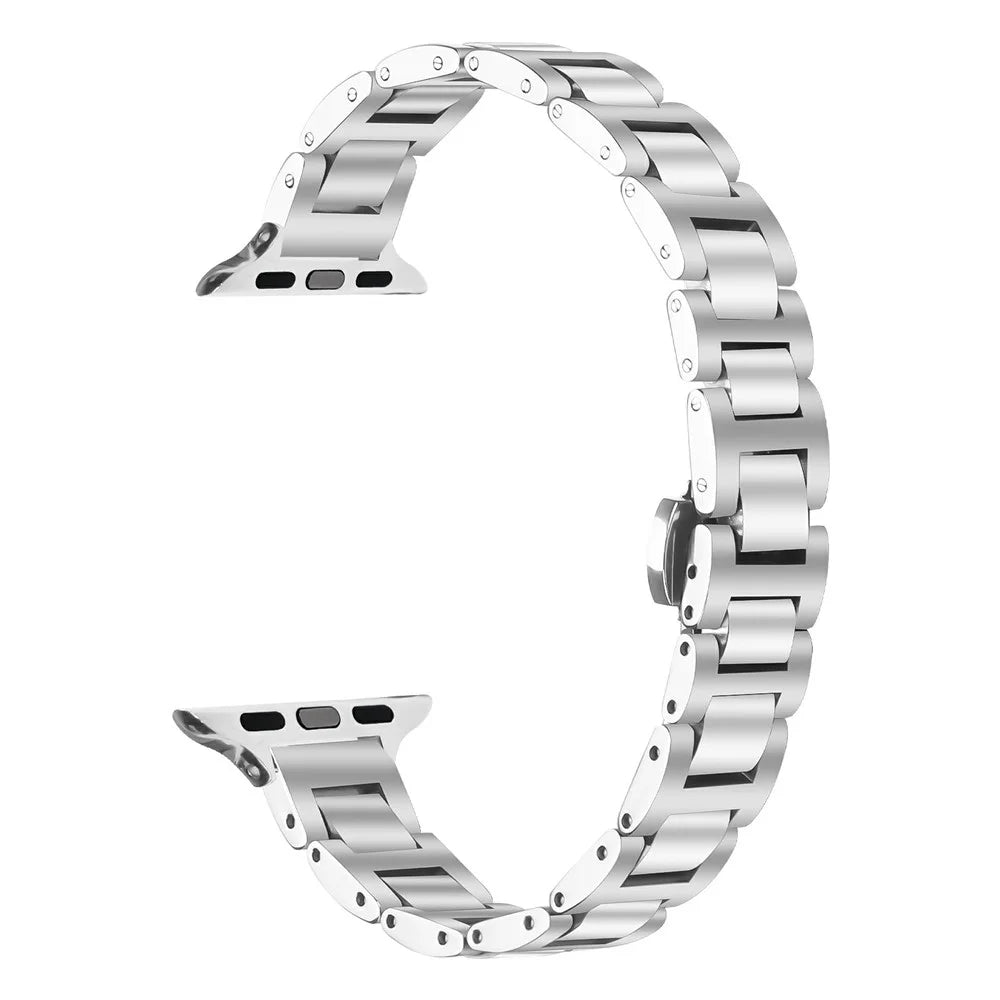 Watch Band For Apple Watch Series 11 10 42mm  /  9 8 7 41mm  /  SE3 SE2 SE 6 5 4 40mm  /  3 2 1 38mm Butterfly Clasp Stainless Steel Silver Strap - 1