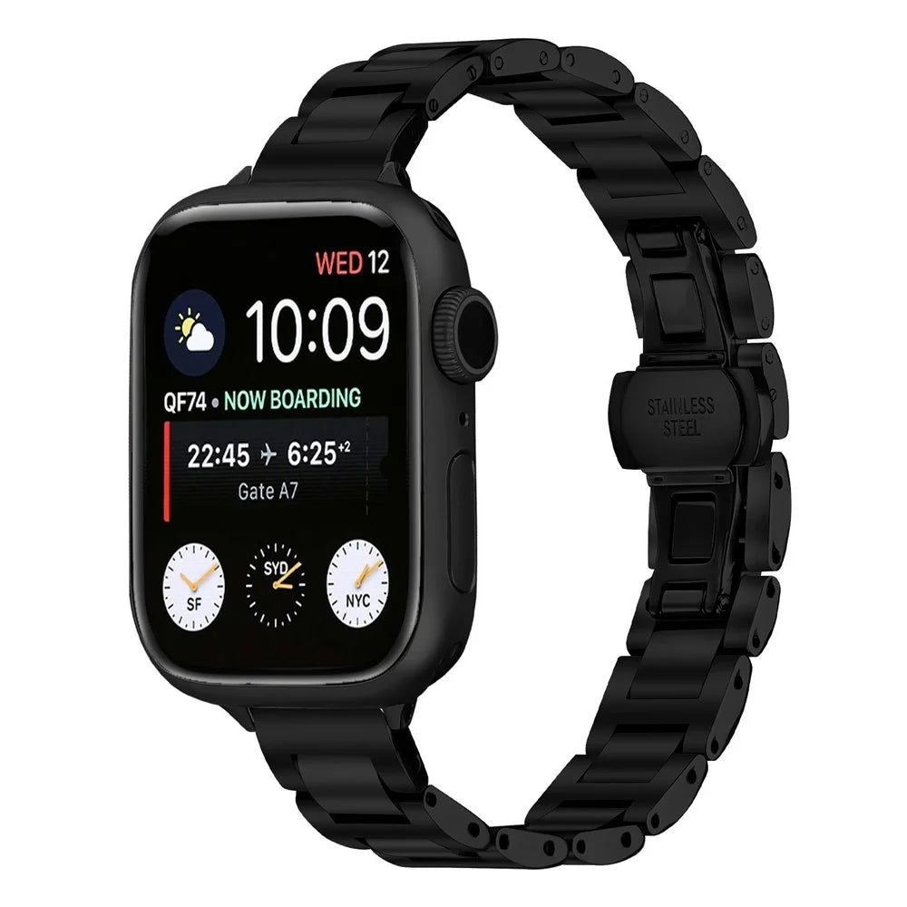 Watch Band For Apple Watch Series 11 10 42mm  /  9 8 7 41mm  /  SE3 SE2 SE 6 5 4 40mm  /  3 2 1 38mm Butterfly Clasp Stainless Steel Strap - Black - 2