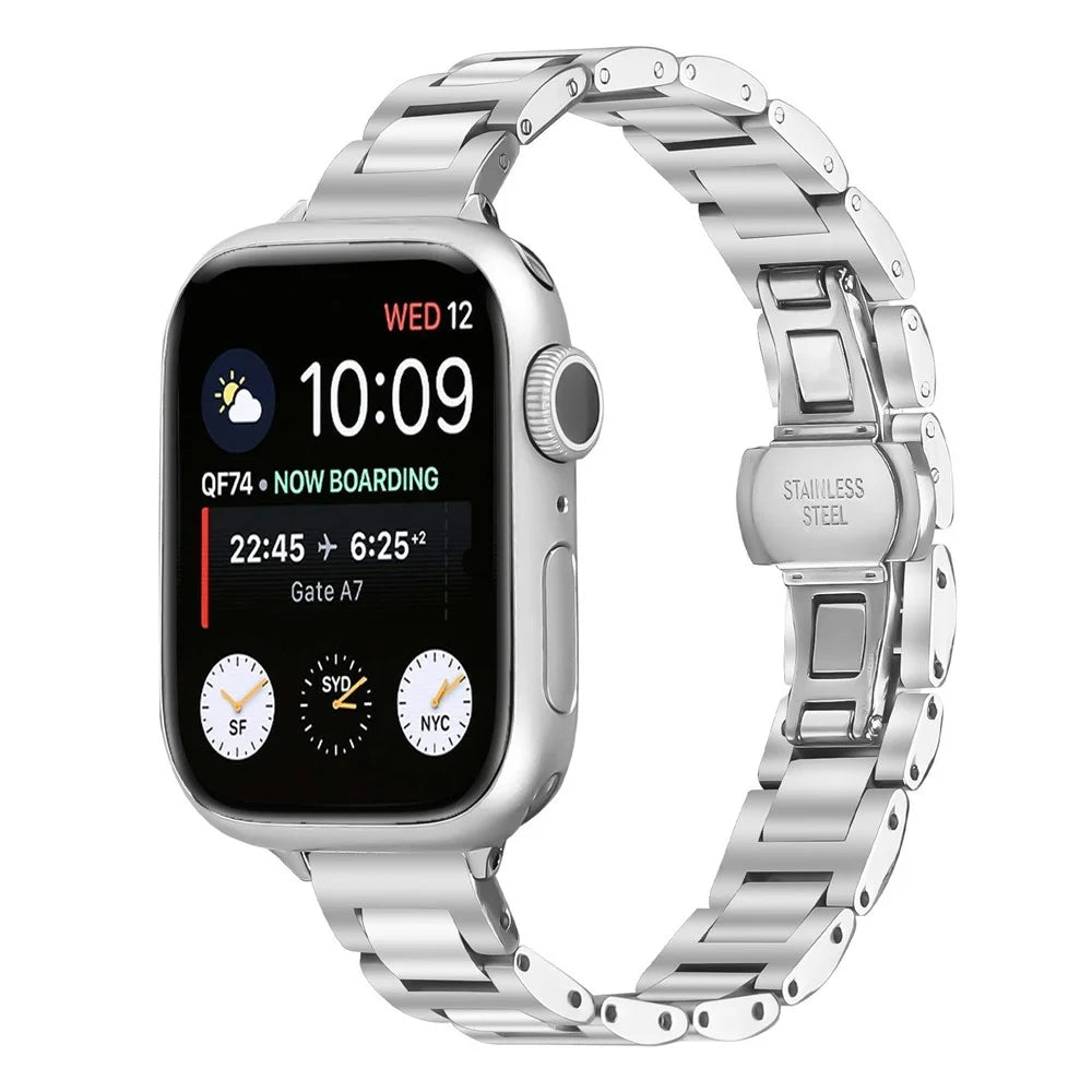 Watch Band For Apple Watch Ultra 3 2 1 49mm  /  Series 11 10 46mm  /  9 8 7 45mm  /  SE3 SE2 SE 6 5 4 44mm  /  3 2 1 42mm Butterfly Clasp Stainless Steel Silver Strap - 2