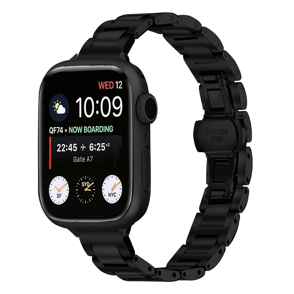 Watch Band For Apple Watch Ultra 3 2 1 49mm  /  Series 11 10 46mm  /  9 8 7 45mm  /  SE3 SE2 SE 6 5 4 44mm  /  3 2 1 42mm Butterfly Clasp Stainless Steel Strap - Black - 2