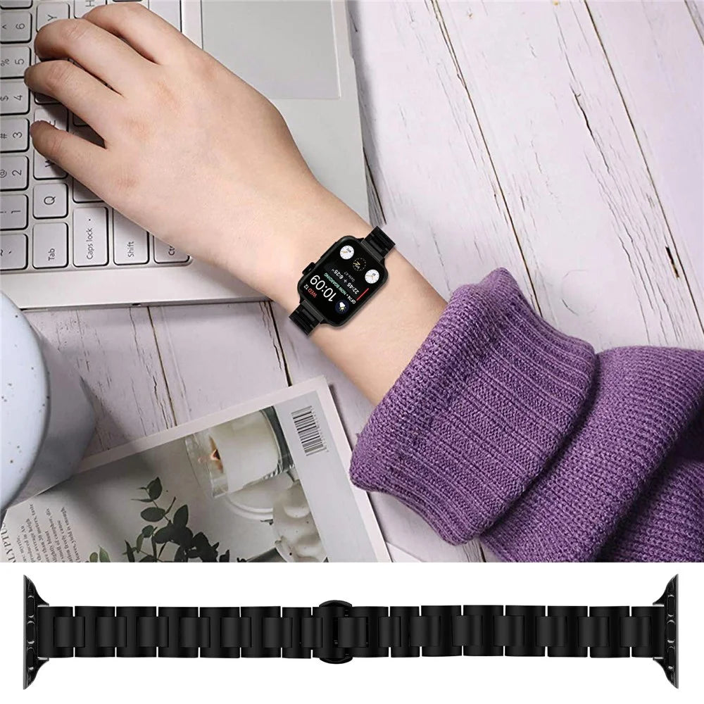 Watch Band For Apple Watch Ultra 3 2 1 49mm  /  Series 11 10 46mm  /  9 8 7 45mm  /  SE3 SE2 SE 6 5 4 44mm  /  3 2 1 42mm Butterfly Clasp Stainless Steel Strap - Black - 3