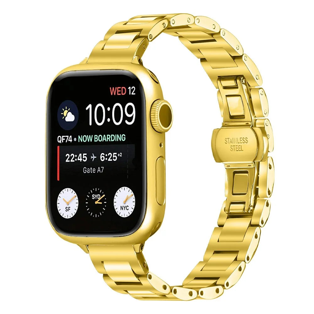 Watch Band For Apple Watch Ultra 3 2 1 49mm  /  Series 11 10 46mm  /  9 8 7 45mm  /  SE3 SE2 SE 6 5 4 44mm  /  3 2 1 42mm Butterfly Clasp Stainless Steel Electroplated Strap - Gold - 2