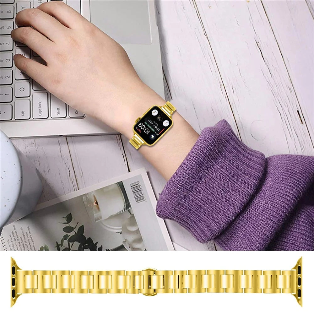 Watch Band For Apple Watch Ultra 3 2 1 49mm  /  Series 11 10 46mm  /  9 8 7 45mm  /  SE3 SE2 SE 6 5 4 44mm  /  3 2 1 42mm Butterfly Clasp Stainless Steel Electroplated Strap - Gold - 3