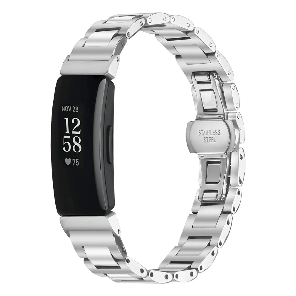 Watch Band For Fitbit Inspire  /  Inspire 2  /  Inspire HR Butterfly Clasp Three Bead Stainless Steel Silver Strap - 2