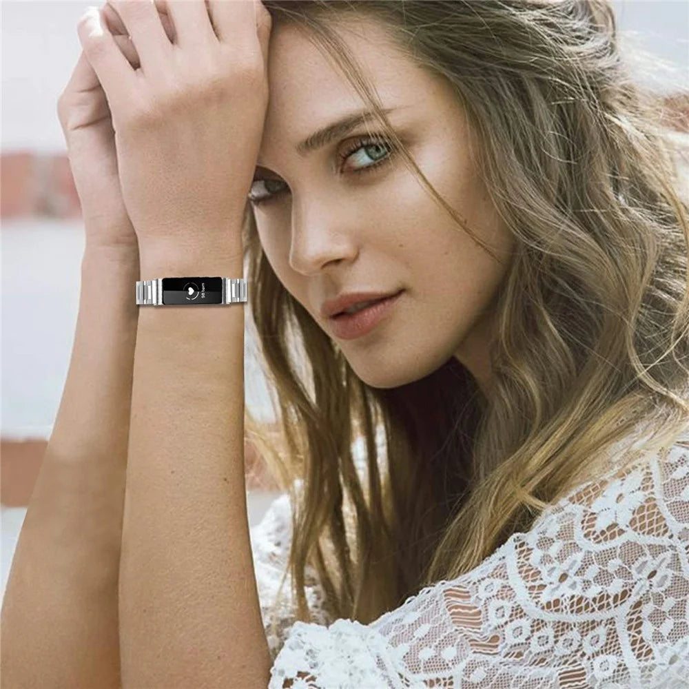 Watch Band For Fitbit Inspire  /  Inspire 2  /  Inspire HR Butterfly Clasp Three Bead Stainless Steel Silver Strap - 4