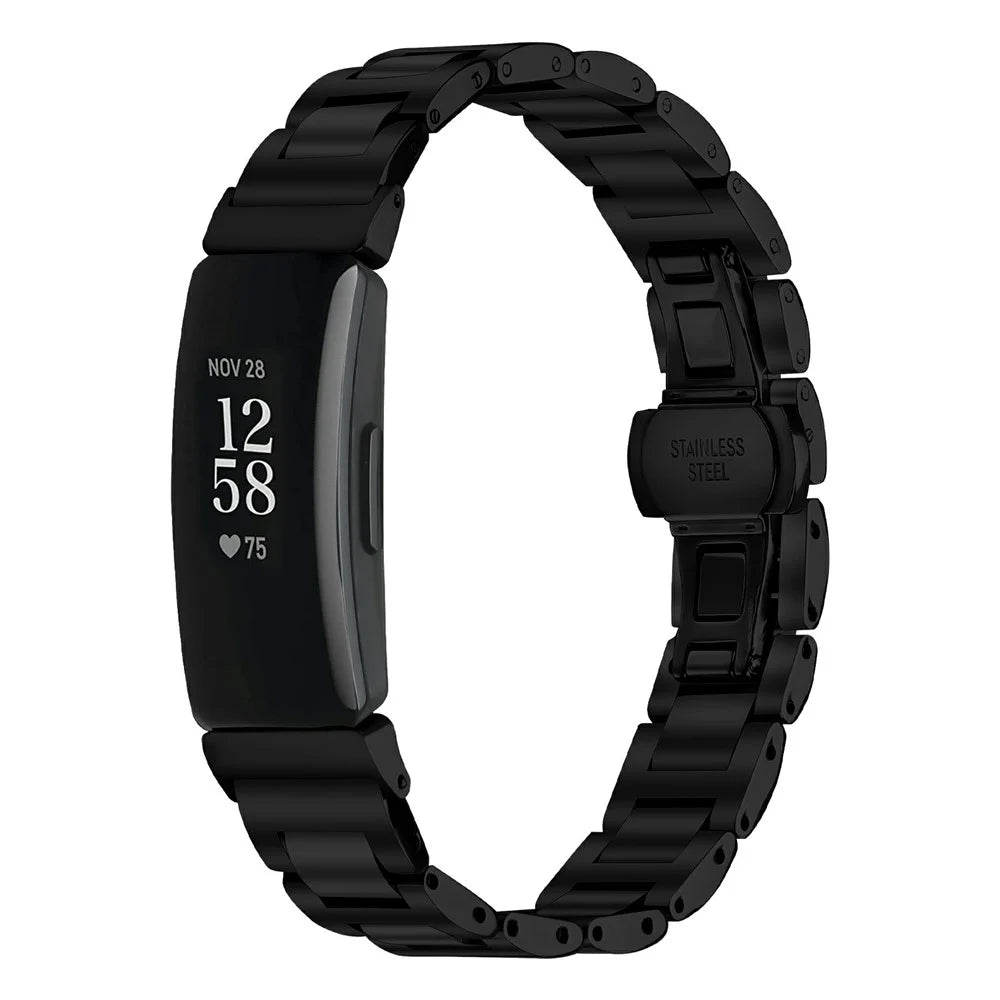 Watch Band For Fitbit Inspire  /  Inspire 2  /  Inspire HR Butterfly Clasp Three Bead Stainless Steel Electroplated Strap - Black - 2