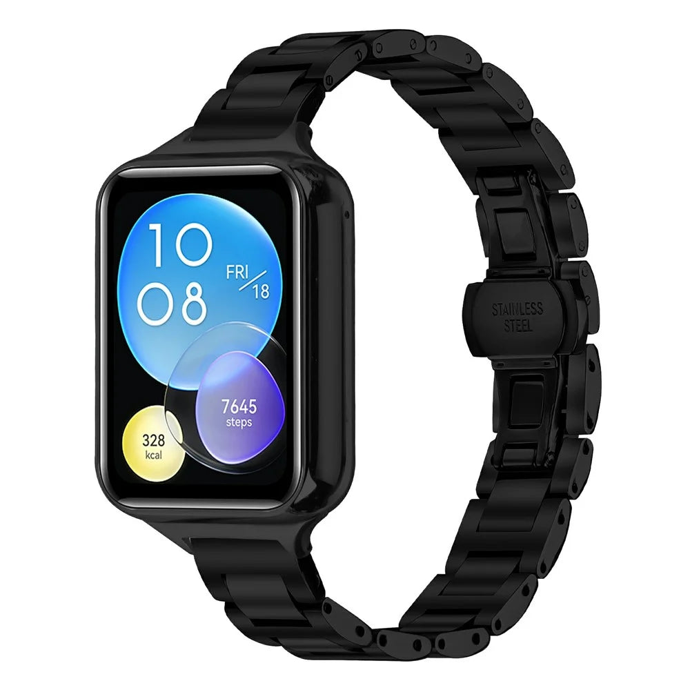 Watch Band For Xiaomi Smart Band 10 Pro / 9 Pro / 8 Pro / Redmi Watch 6 / 5 / 4 Butterfly Clasp Three Bead Stainless Steel Electroplated Strap - Black - 2