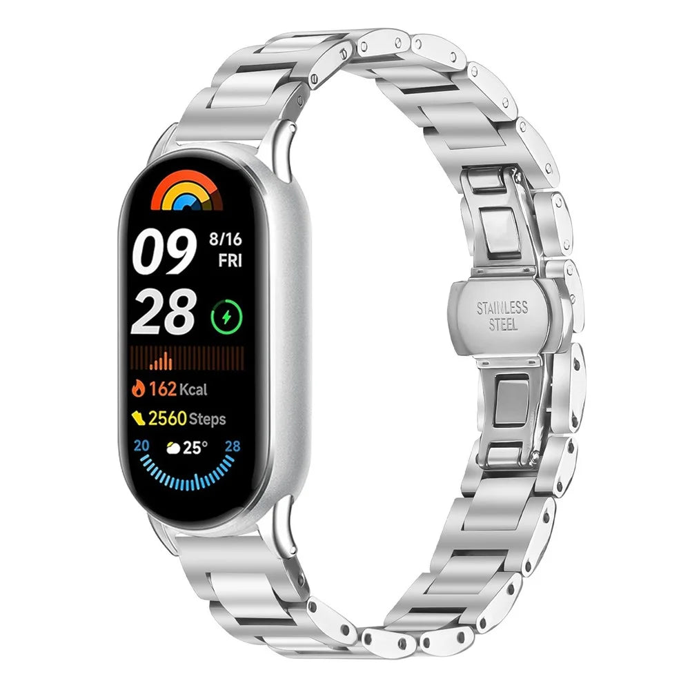 Watch Band For Xiaomi Smart Band 10  /  9  /  8 Butterfly Clasp Three Bead Stainless Steel Silver Strap - 2