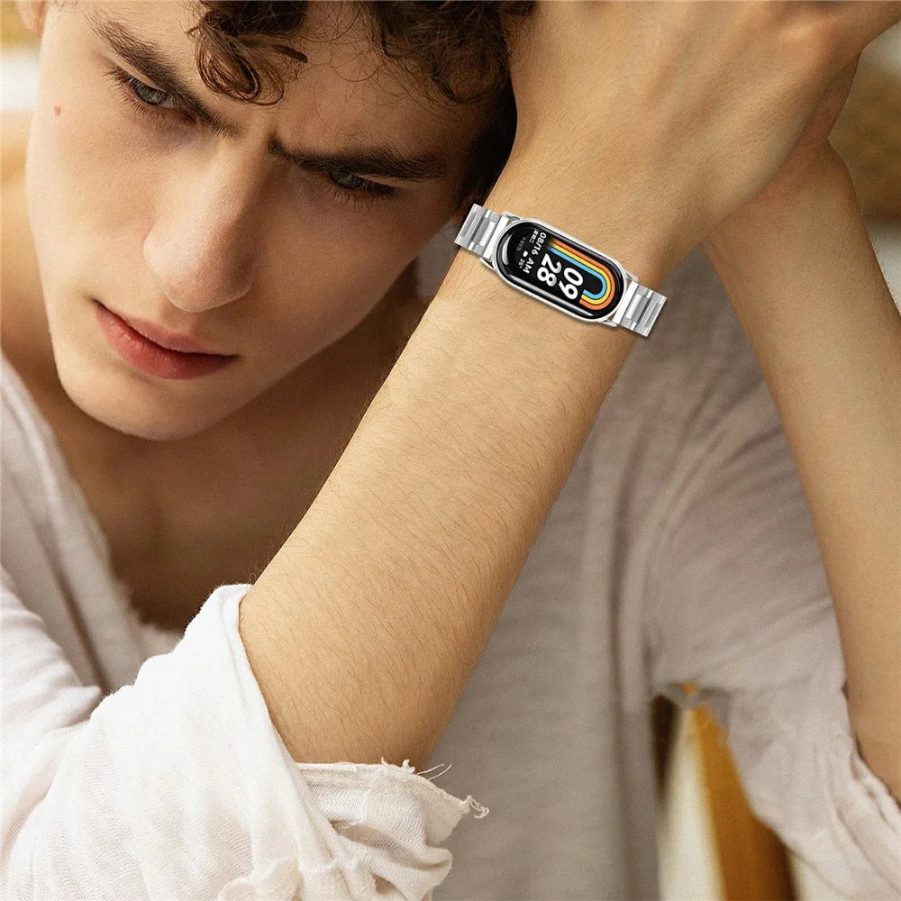 Watch Band For Xiaomi Smart Band 10  /  9  /  8 Butterfly Clasp Three Bead Stainless Steel Silver Strap - 5