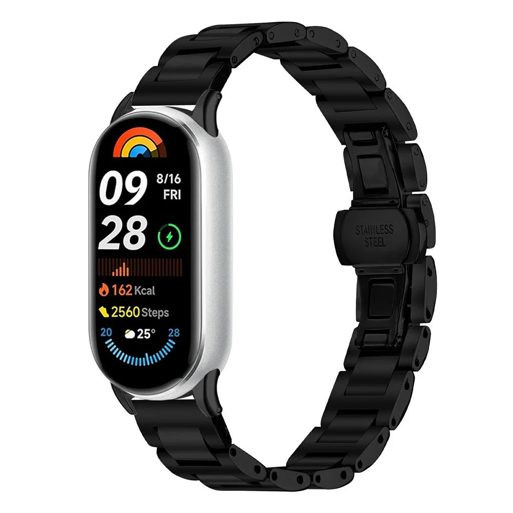Watch Band for Xiaomi Smart Band 10 / 9 / 8 Butterfly Clasp Three Bead Stainless Steel Electroplated Strap - Black - 2