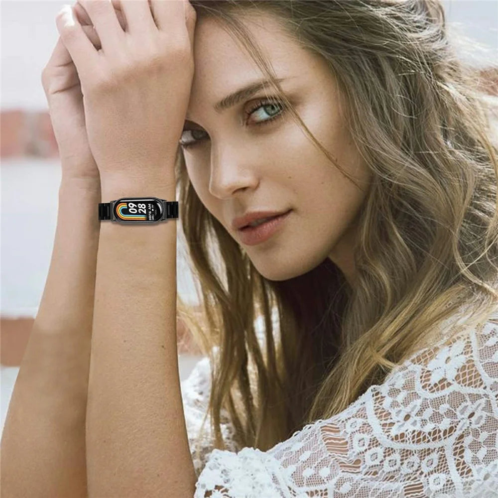 Watch Band for Xiaomi Smart Band 10 / 9 / 8 Butterfly Clasp Three Bead Stainless Steel Electroplated Strap - Black - 4