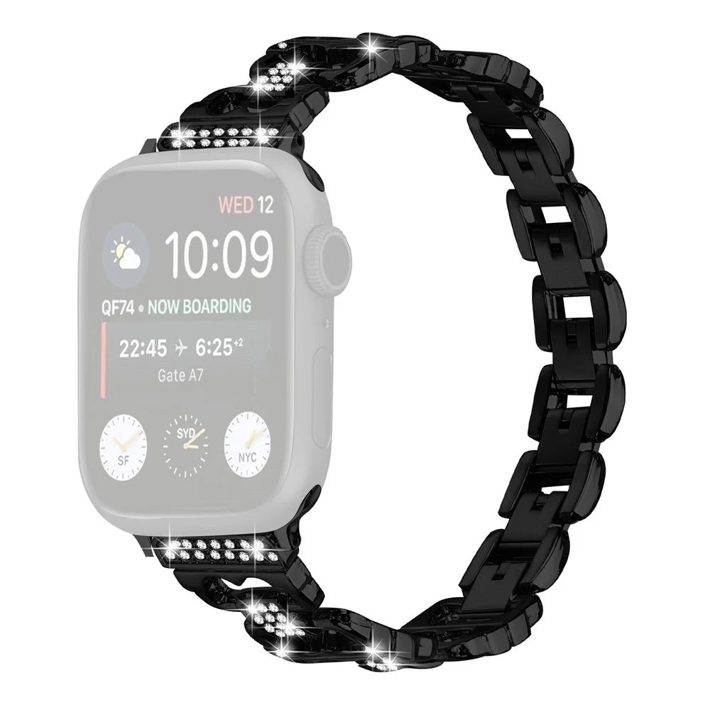 Watch Band For Apple Watch Series 11 10 42mm  /  9 8 7 41mm  /  SE3 SE2 SE 6 5 4 40mm  /  3 2 1 38mm Zinc Alloy Replacement Electroplated Strap with Rhinestone Decor - Black - 1