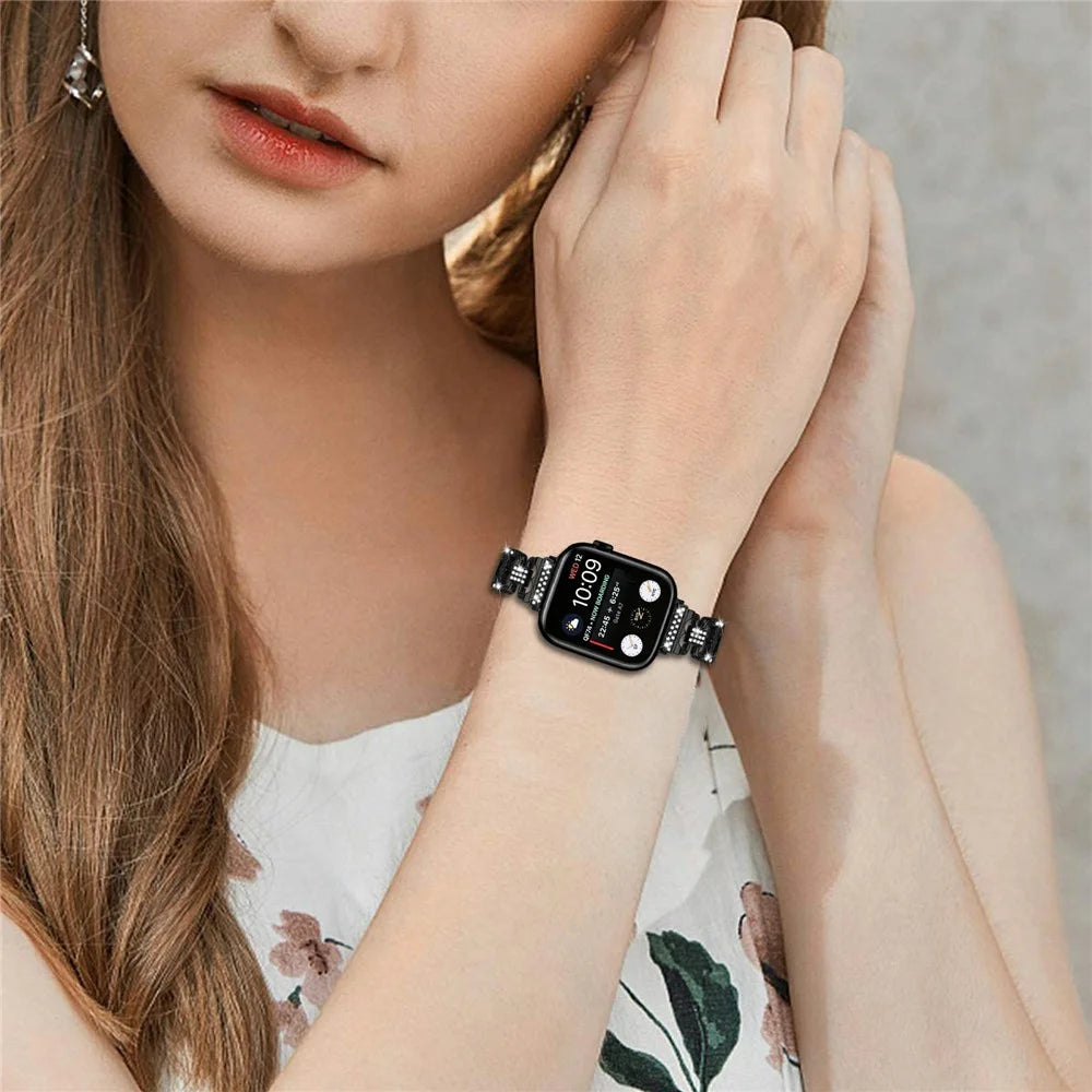 Watch Band For Apple Watch Series 11 10 42mm  /  9 8 7 41mm  /  SE3 SE2 SE 6 5 4 40mm  /  3 2 1 38mm Zinc Alloy Replacement Electroplated Strap with Rhinestone Decor - Black - 5