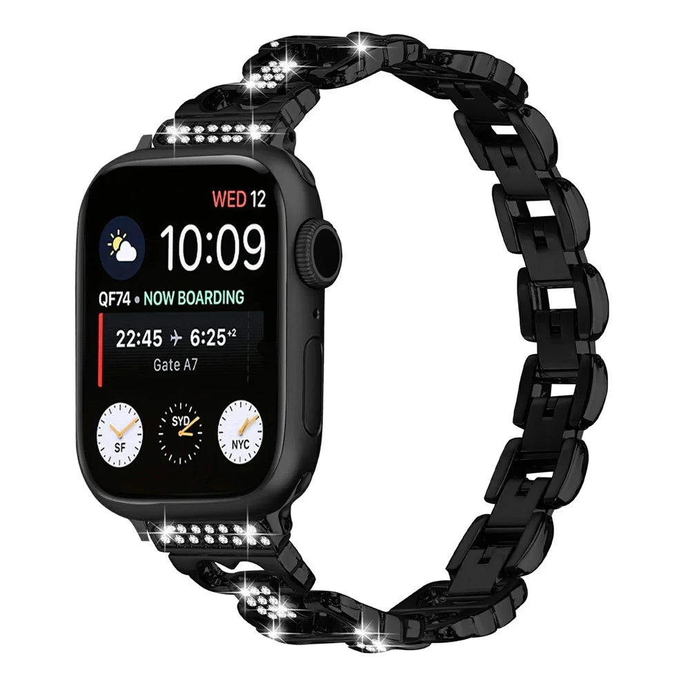 Watch Band For Apple Watch Ultra 3 2 1 49mm  /  Series 11 10 46mm  /  9 8 7 45mm  /  SE3 SE2 SE 6 5 4 44mm  /  3 2 1 42mm Zinc Alloy Replacement Electroplated Strap with Rhinestone Decor - Black - 2