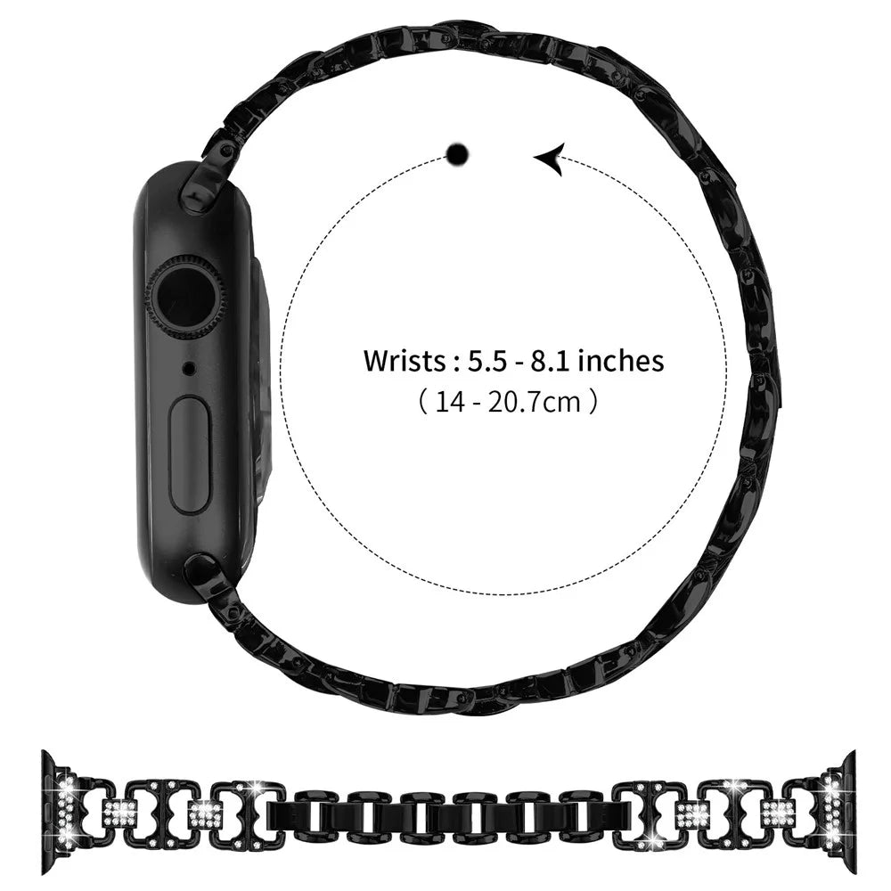 Watch Band For Apple Watch Ultra 3 2 1 49mm  /  Series 11 10 46mm  /  9 8 7 45mm  /  SE3 SE2 SE 6 5 4 44mm  /  3 2 1 42mm Zinc Alloy Replacement Electroplated Strap with Rhinestone Decor - Black - 7