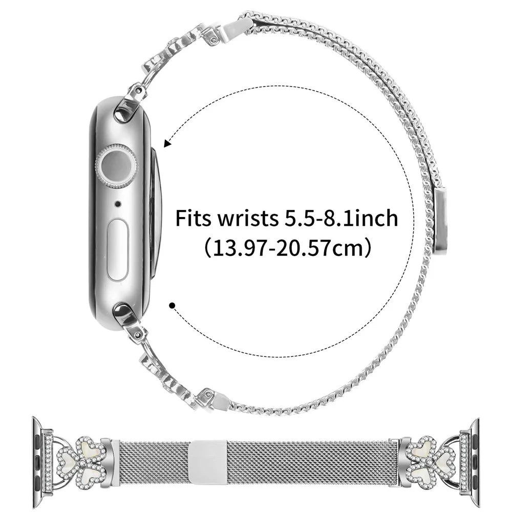 Silver Milanese Strap for Apple Watch Series 11 10 42mm  /  9 8 7 41mm  /  SE3 SE2 SE 6 5 4 40mm  /  3 2 1 38mm Heart Clover Watchband - 6