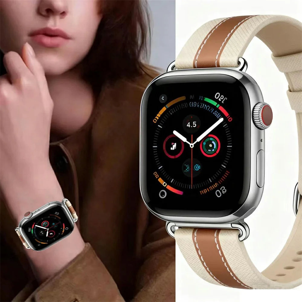 Color Matching Genuine Leather Strap for Apple Watch Series 11 10 42mm  /  9 8 7 41mm  /  SE3 SE2 SE 6 5 4 40mm  /  3 2 1 38mm Quick Release Watch Band - Brown - 3