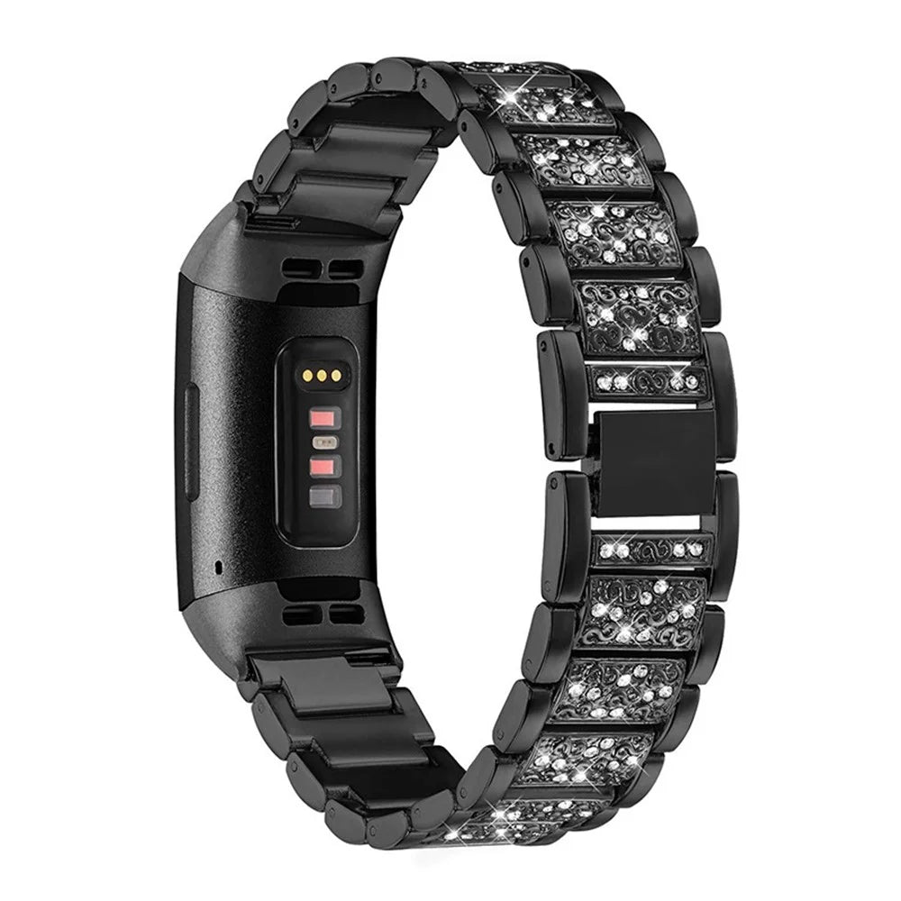 Rhinestone Stainless Steel Chain Watch Strap Replacement for Fitbit Charge 3/4 - Black - 1