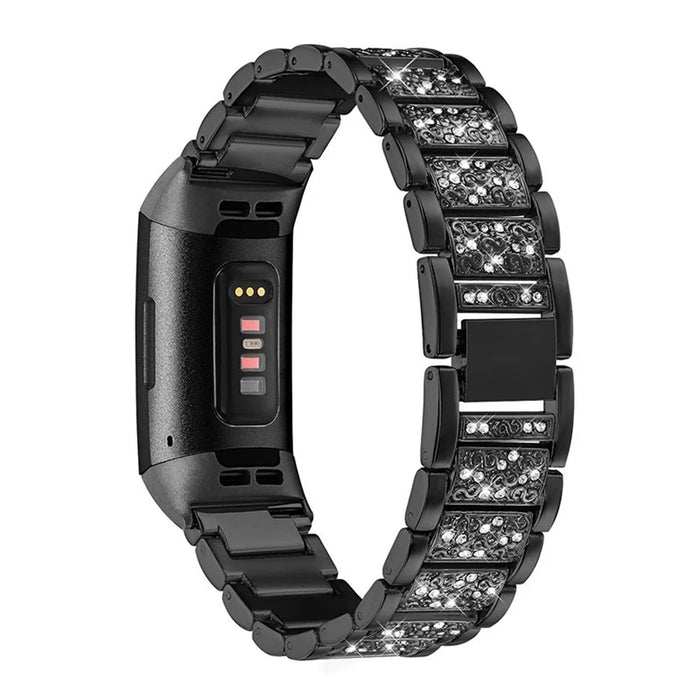 Rhinestone Stainless Steel Chain Watch Strap Replacement for Fitbit Charge 3/4 - Black - 1